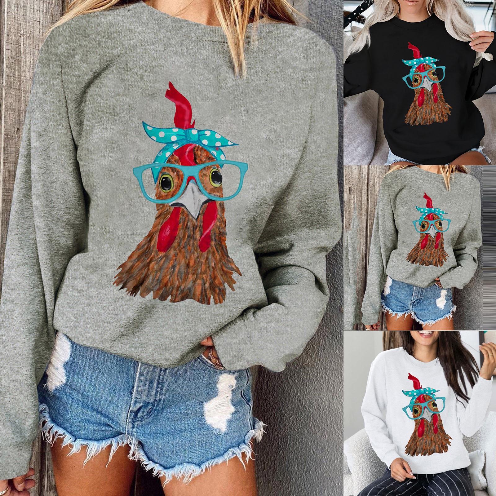 Модные женские повседневные топы с длинными рукавами и принтом петуха 
Модные женские повседневные топы с длинными рукавами и принтом петуха