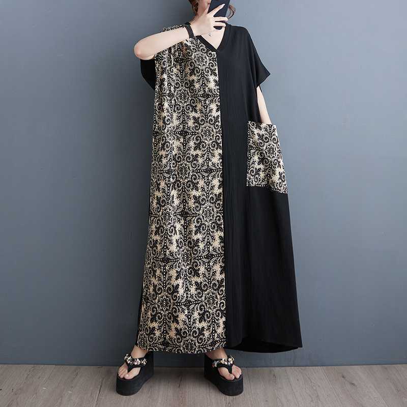 Летние винтажные платья в стиле колор-блок, до 200 фунтов, длинные платья, большие карманы, платья с V-образным вырезом One Size