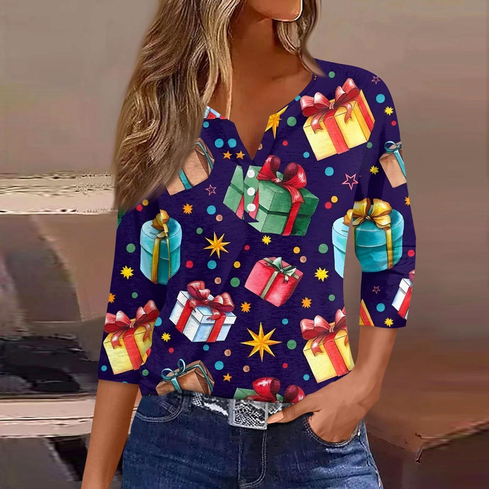 Жіноча модна повсякденна футболка з V-подібним вирізом із сімома рукавами та різдвяним принтом M
Жіноча модна повсякденна футболка з V-подібним вирізом із сімома рукавами та різдвяним принтом M