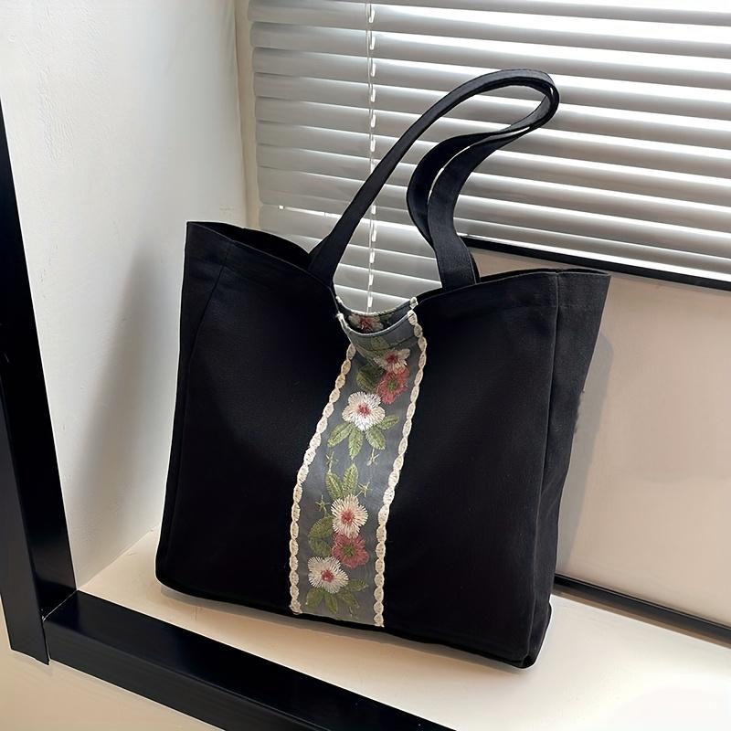 1 шт. Холщовая сумка-тоут большой вместимости - Модная белая сумка через плечо с цветочной вышивкой, прочные молнии, идеально подходит для поездок на работу, путешествий чёрный