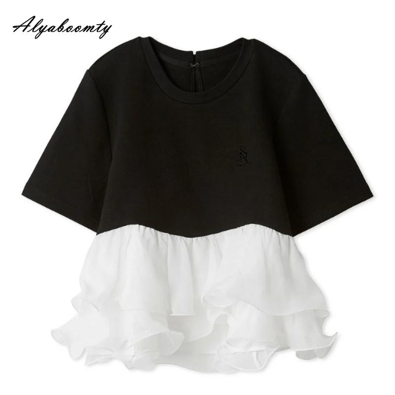 Korean Style Summer Women Patchwork Top O Neck White Black Organza Ruffles Princess T-Shirt Short Sleeve Cotton Tee One Size
Korean Style Summer Women Patchwork Top O Neck White Black Organza Ruffles Princess T-Shirt Short Sleeve Cotton Tee One Size
