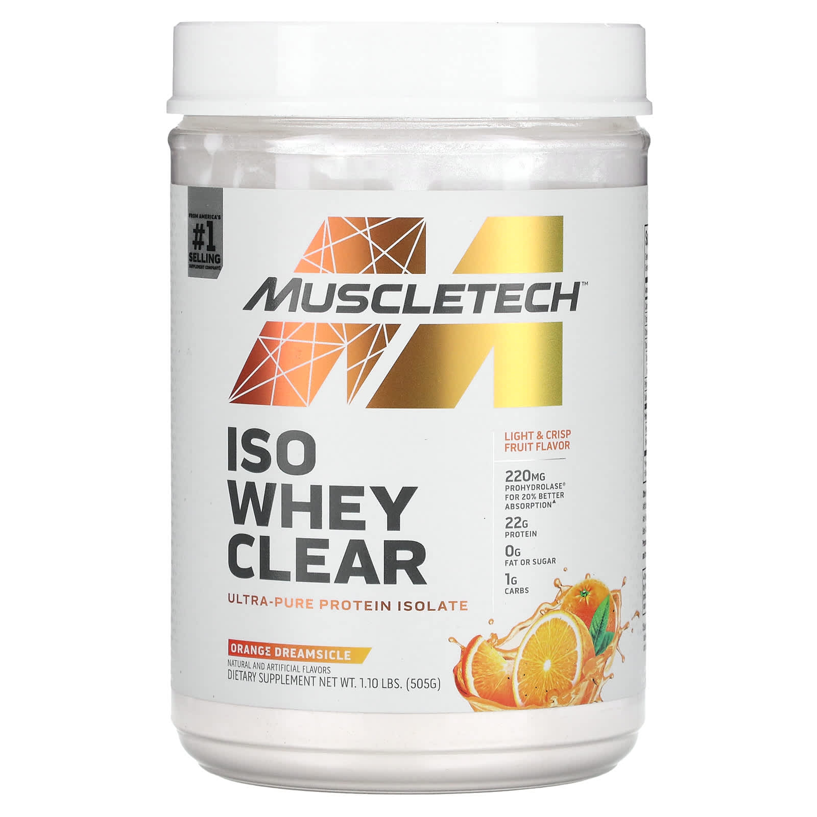 MuscleTech, ISO Whey Clear, Ultrapure Protein Isolate, Orange Dreamsicle Flavor, 1.1 lb (505 g)
MuscleTech, ISO Whey Clear, Ultrapure Protein Isolate, Orange Dreamsicle Flavor, 1.1 lb (505 g)