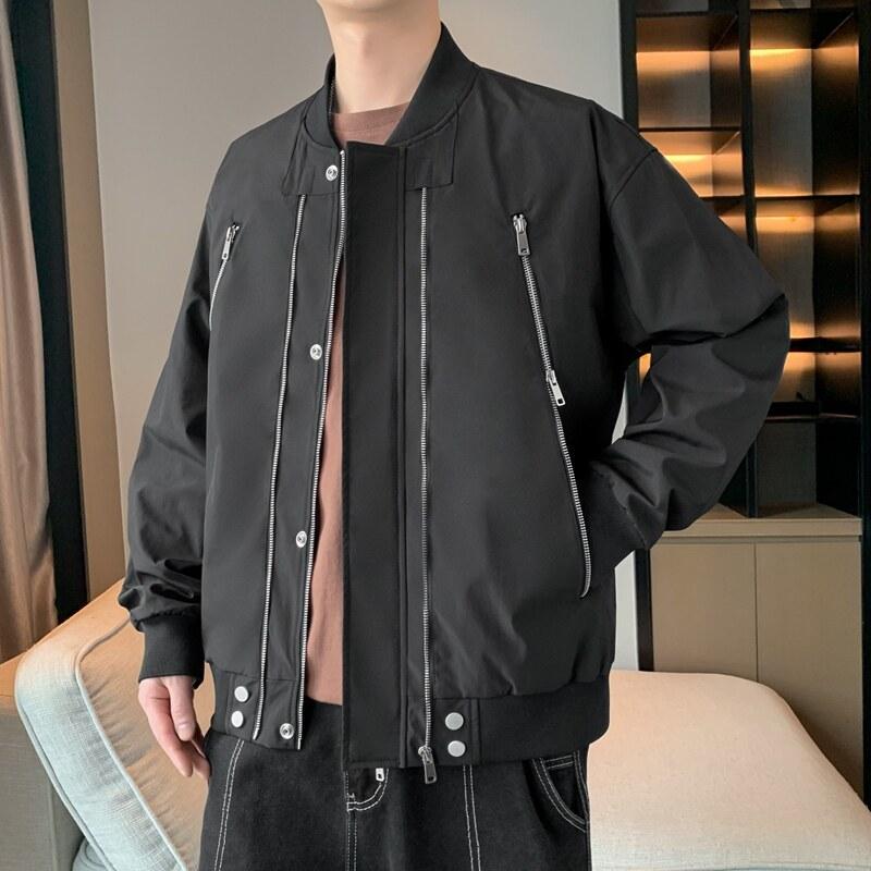 Весна Осень Бейсбольный воротник Карго Куртки Мужские Однотонные Повседневные Винтажные Верхняя Одежда Пальто Мужская Свободная Уличная Мода Молнии Куртка 4XL чёрный