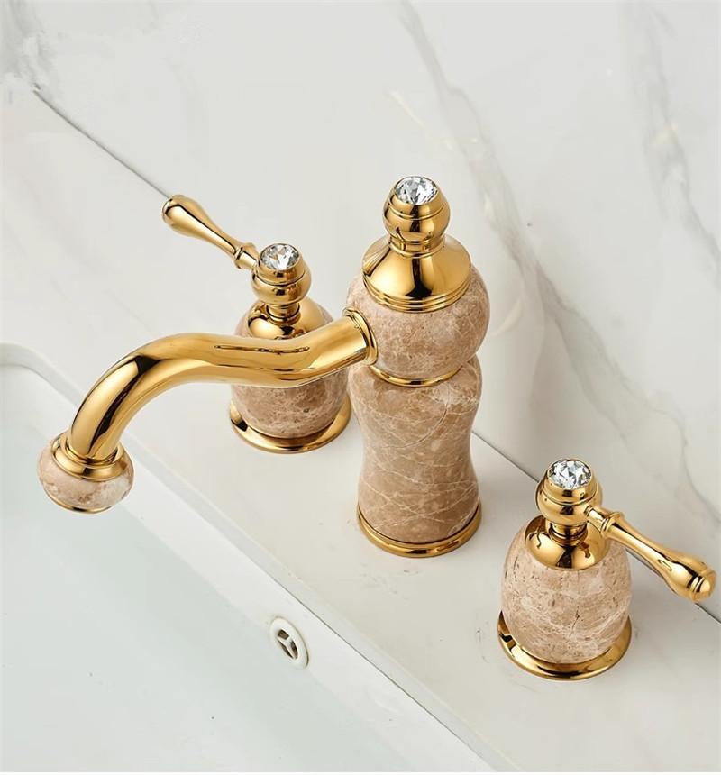 Смеситель для ванной из латуни и мрамора, золотой смеситель для раковины, широко распространенный смеситель, роскошный смеситель для раковины, смеситель для душа с горячей и холодной водой, смеситель для раковины