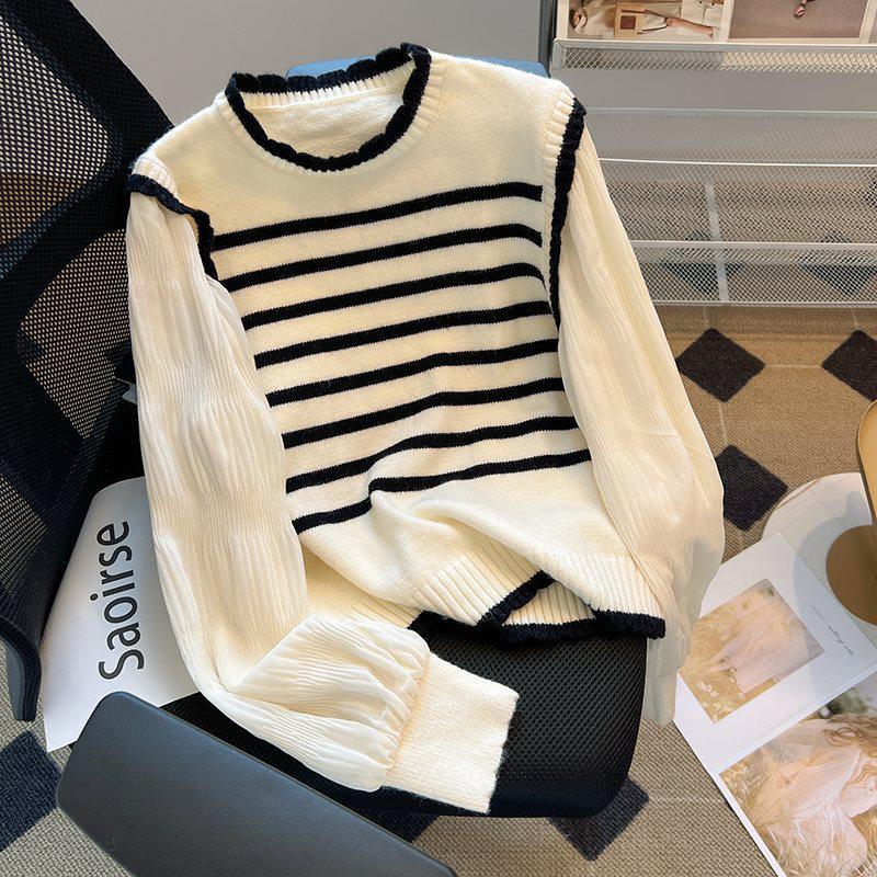 Women s Early Autumn French Patchwork Knit Sweater with Striped Faux Two-Piece Design and Sweet Puff Sleeves L (recommended for 50-55kg)
Women s Early Autumn French Patchwork Knit Sweater with Striped Faux Two-Piece Design and Sweet Puff Sleeves L (recommended for 50-55kg)