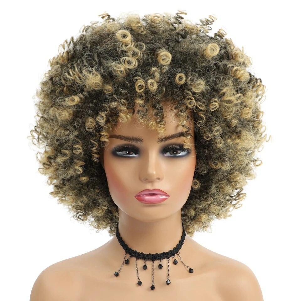 Короткий вьющийся парик с челкой, вьющиеся синтетические парики для чернокожих женщин, натуральные термостойкие волосы, блондинка, парики для косплея