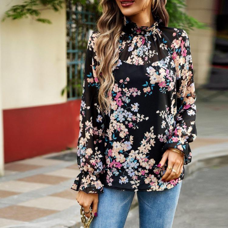 Floral Blouse Half High Neck Lantern Sleeve Autumn Women Commuter Tops Temperament XL чорний
Floral Blouse Half High Neck Lantern Sleeve Autumn Women Commuter Tops Temperament XL чорний