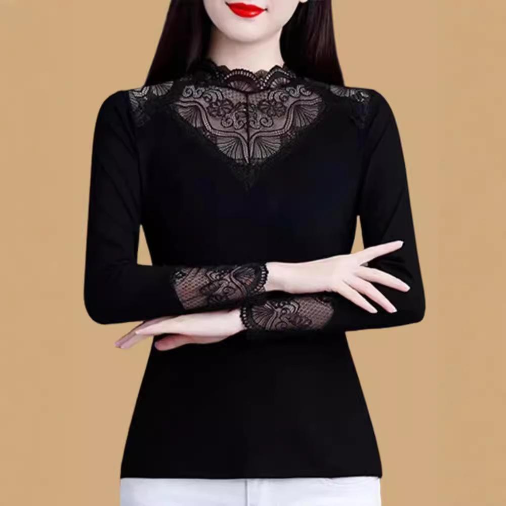 High-necked lace long-sleeved bottoming shirt, new autumn and winter fashion, large size black with velvet top inside. 4XL чорний
High-necked lace long-sleeved bottoming shirt, new autumn and winter fashion, large size black with velvet top inside. 4XL чорний