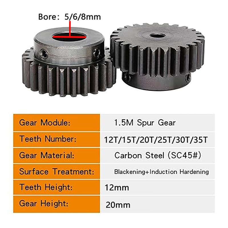 1pcs 1.5Mod 1.5M 12T-35T Spur Gear Pinion Bore: 5/6/8mm Motor Gear With Step 45# Carbon Steel High Frequency Quenching Gear 12 Teeth(Bore 8mm)
1pcs 1.5Mod 1.5M 12T-35T Spur Gear Pinion Bore: 5/6/8mm Motor Gear With Step 45# Carbon Steel High Frequency Quenching Gear 12 Teeth(Bore 8mm)