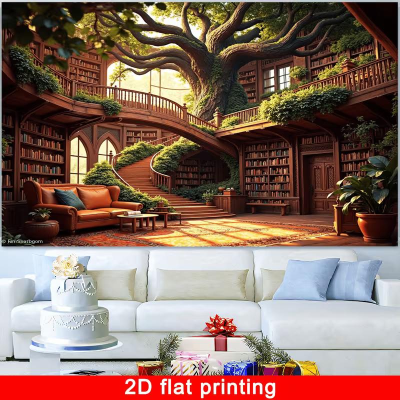2D Whimsical Enchanted Library Tapestry, Giant Tree & Multi-Level Bookshelf Wall Hanging 47.2x31.5inch/120*80cm
2D Whimsical Enchanted Library Tapestry, Giant Tree & Multi-Level Bookshelf Wall Hanging 47.2x31.5inch/120*80cm