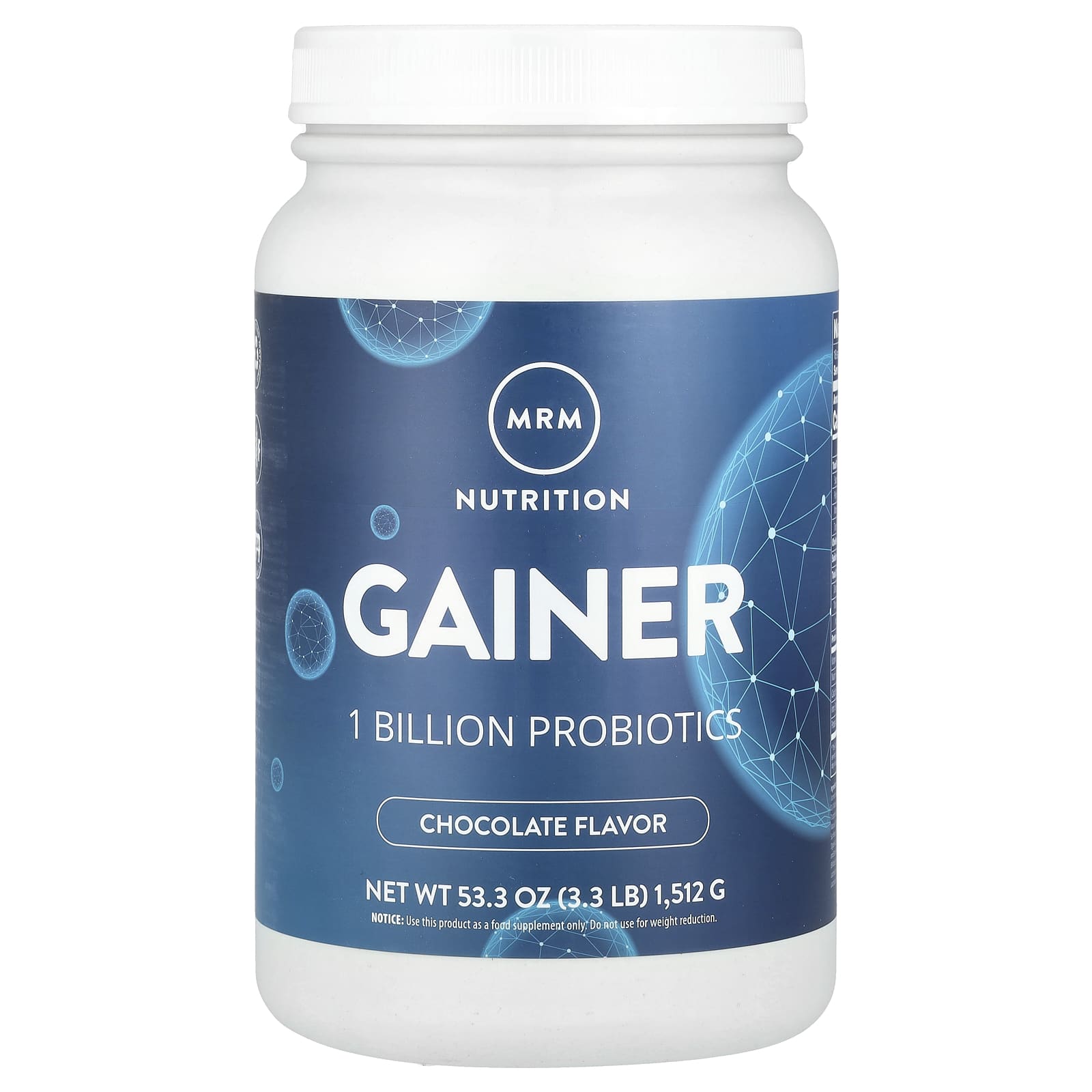 MRM Nutrition, Nutrition, Gainer, Chocolate, Probiotic 1 Billion, 3.3 lbs (1,512 g)
MRM Nutrition, Nutrition, Gainer, Chocolate, Probiotic 1 Billion, 3.3 lbs (1,512 g)