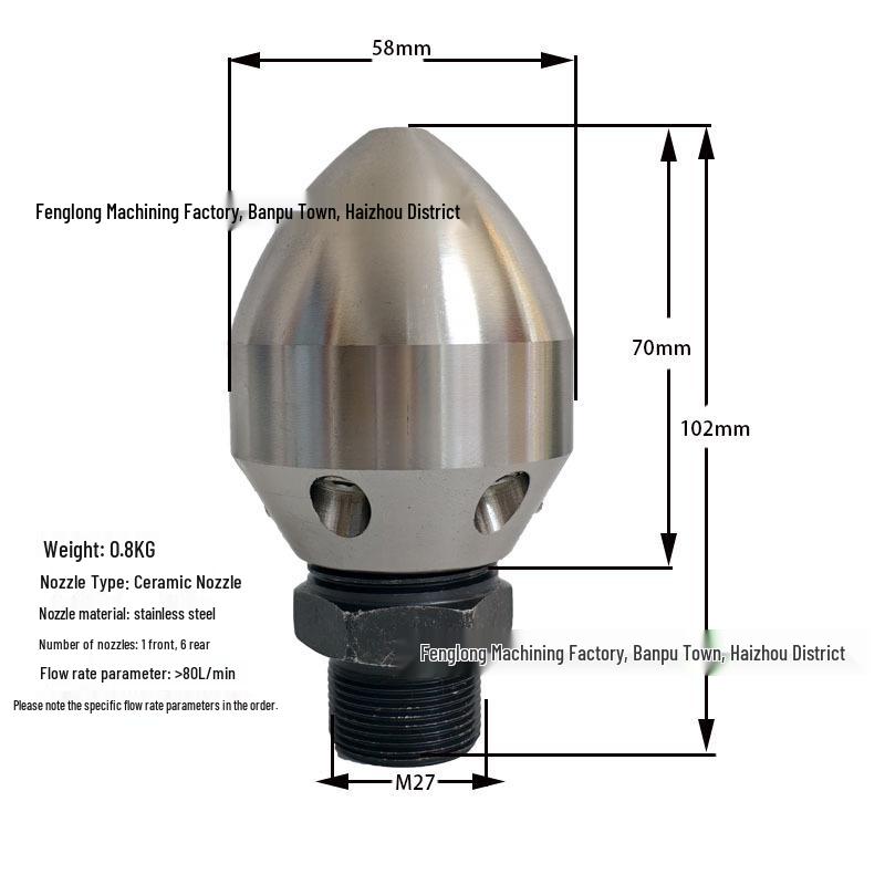 Stainless Steel Ceramic High-Pressure Cleaning Nozzle for Drains and Pipes
Stainless Steel Ceramic High-Pressure Cleaning Nozzle for Drains and Pipes