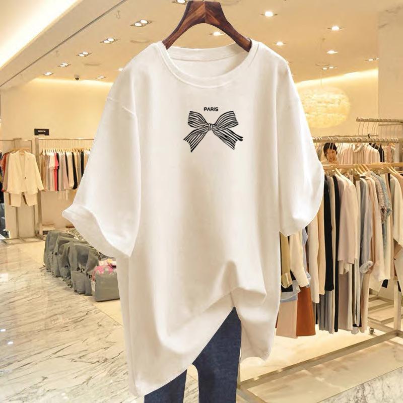 Summer new gentle temperament round neck bow letters loose and thin short-sleeved T-shirt chic versatile top women XXXL
Summer new gentle temperament round neck bow letters loose and thin short-sleeved T-shirt chic versatile top women XXXL