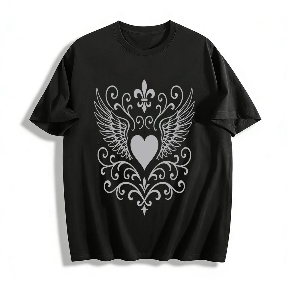 Vintage Heart Wings Print Casual Top Baroque Pattern Loose Versatile Daily T-Shirt Pure cotton T-shirt XXS
Vintage Heart Wings Print Casual Top Baroque Pattern Loose Versatile Daily T-Shirt Pure cotton T-shirt XXS