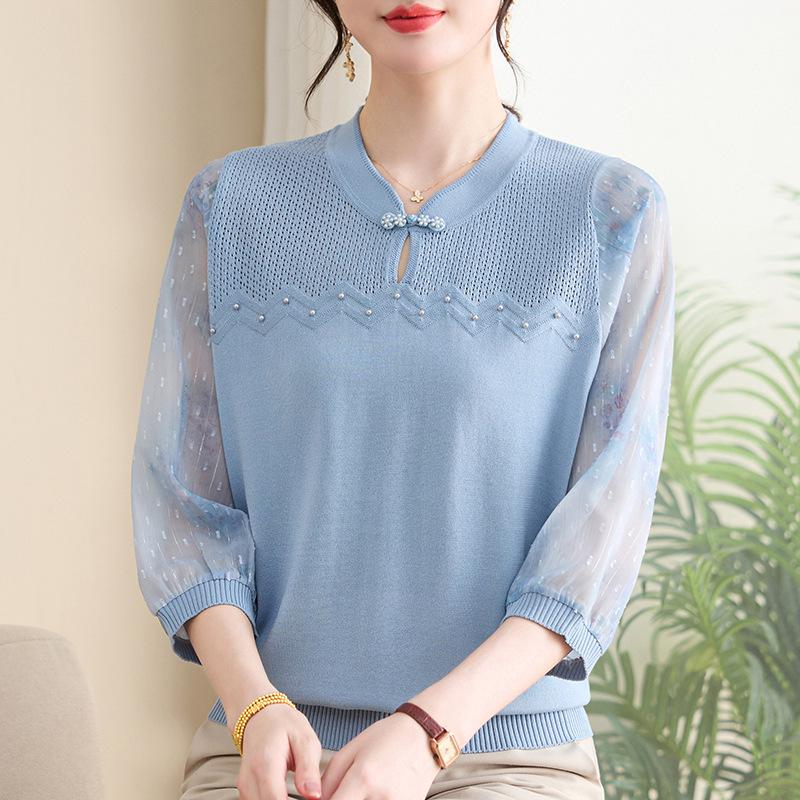 Stylish Gauze Sleeve Knit Top for Young Mothers - Thin Summer 3/4 Sleeve T-shirt for Middle-aged & Elderly Women 3XL (for 120-135 jin) світло-синій колір
Stylish Gauze Sleeve Knit Top for Young Mothers - Thin Summer 3/4 Sleeve T-shirt for Middle-aged & Elderly Women 3XL (for 120-135 jin) світло-синій колір