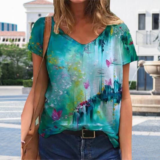 Футболка с цветочным принтом, свободный топ, женская блузка с коротким рукавом и V-образным вырезом L зелёный 
Футболка с цветочным принтом, свободный топ, женская блузка с коротким рукавом и V-образным вырезом L зелёный