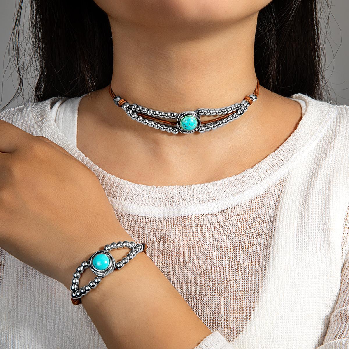 2-piece retro turquoise round buckle double-layer leather rope woven choker necklace bracelet versatile women s jewelry set
2-piece retro turquoise round buckle double-layer leather rope woven choker necklace bracelet versatile women s jewelry set