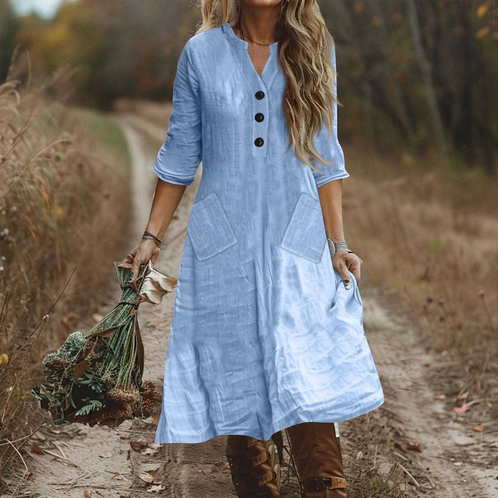 Женское модное хлопково-льняное платье на пуговицах однотонное с рукавом до локтя свободного кроя с карманами XXL светло-синий