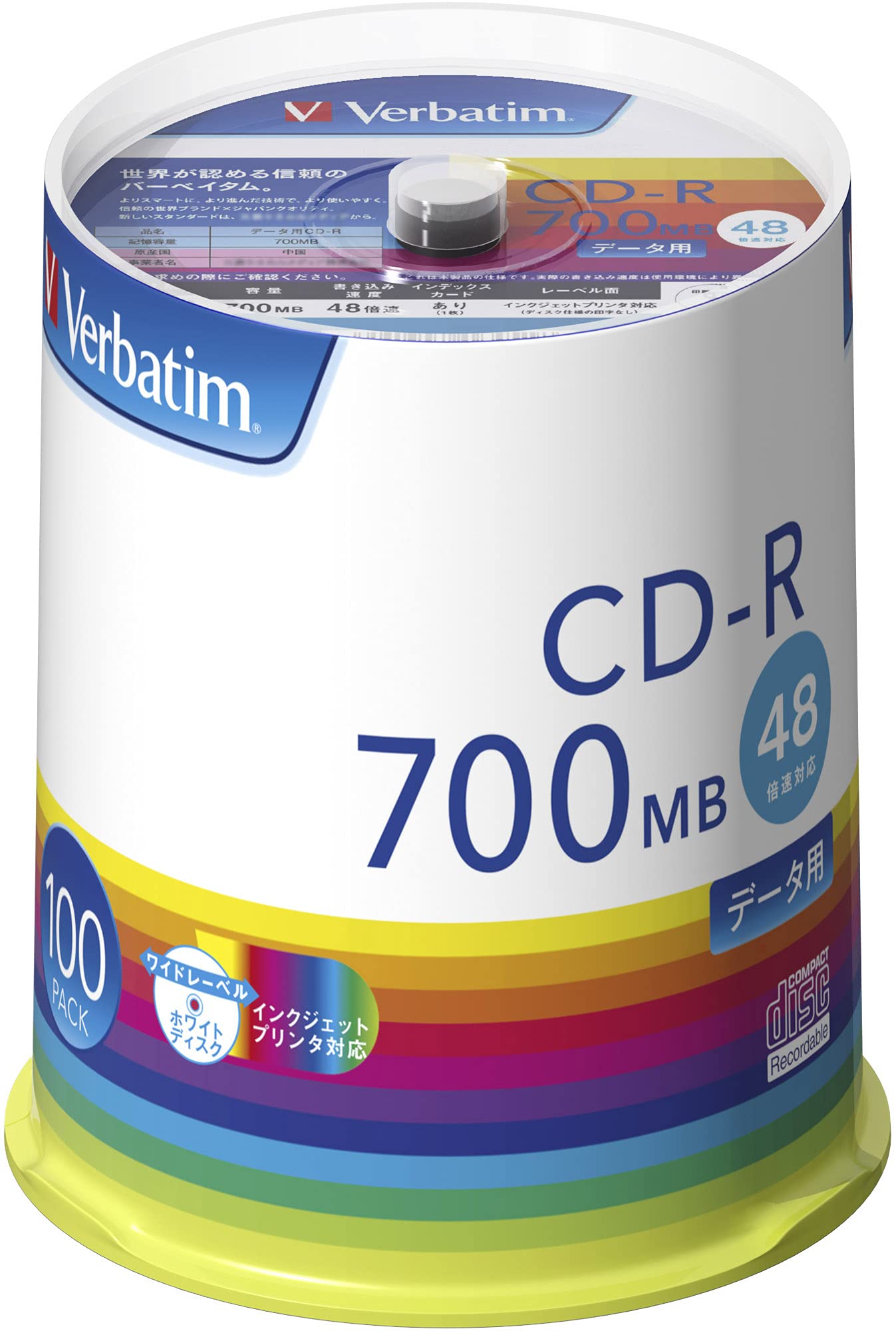 Verbatim Japan CD-R 700MB 100 аркушів для одноразового запису Білий друк зі швидкістю 48x SR80FP100V1E
Verbatim Japan CD-R 700MB 100 аркушів для одноразового запису Білий друк зі швидкістю 48x SR80FP100V1E
