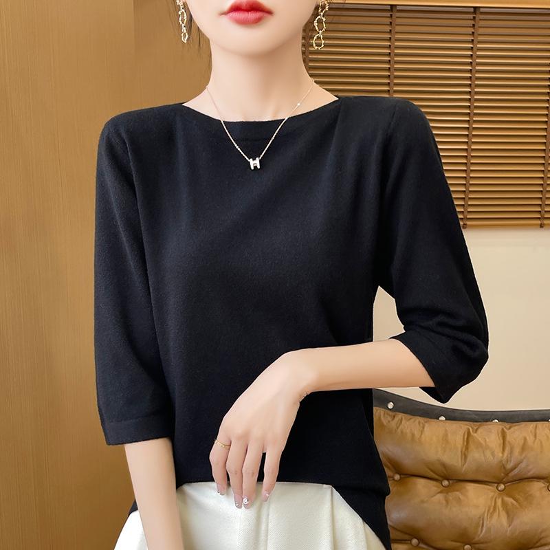 Весенне-летняя новинка, трикотажный пуловер с вырезом лодочка и рукавами три четверти, женская базовая футболка XXL чёрный
Весенне-летняя новинка, трикотажный пуловер с вырезом лодочка и рукавами три четверти, женская базовая футболка XXL чёрный