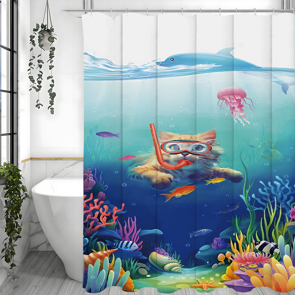 Смешная занавеска для душа с котом, Кот, плавающий в море с черепахой и осьминогом, Занавеска для душа для ванной комнаты, Занавеска для душа с крючками, Вода 90*180cm
Смешная занавеска для душа с котом, Кот, плавающий в море с черепахой и осьминогом, Занавеска для душа для ванной комнаты, Занавеска для душа с крючками, Вода 90*180cm