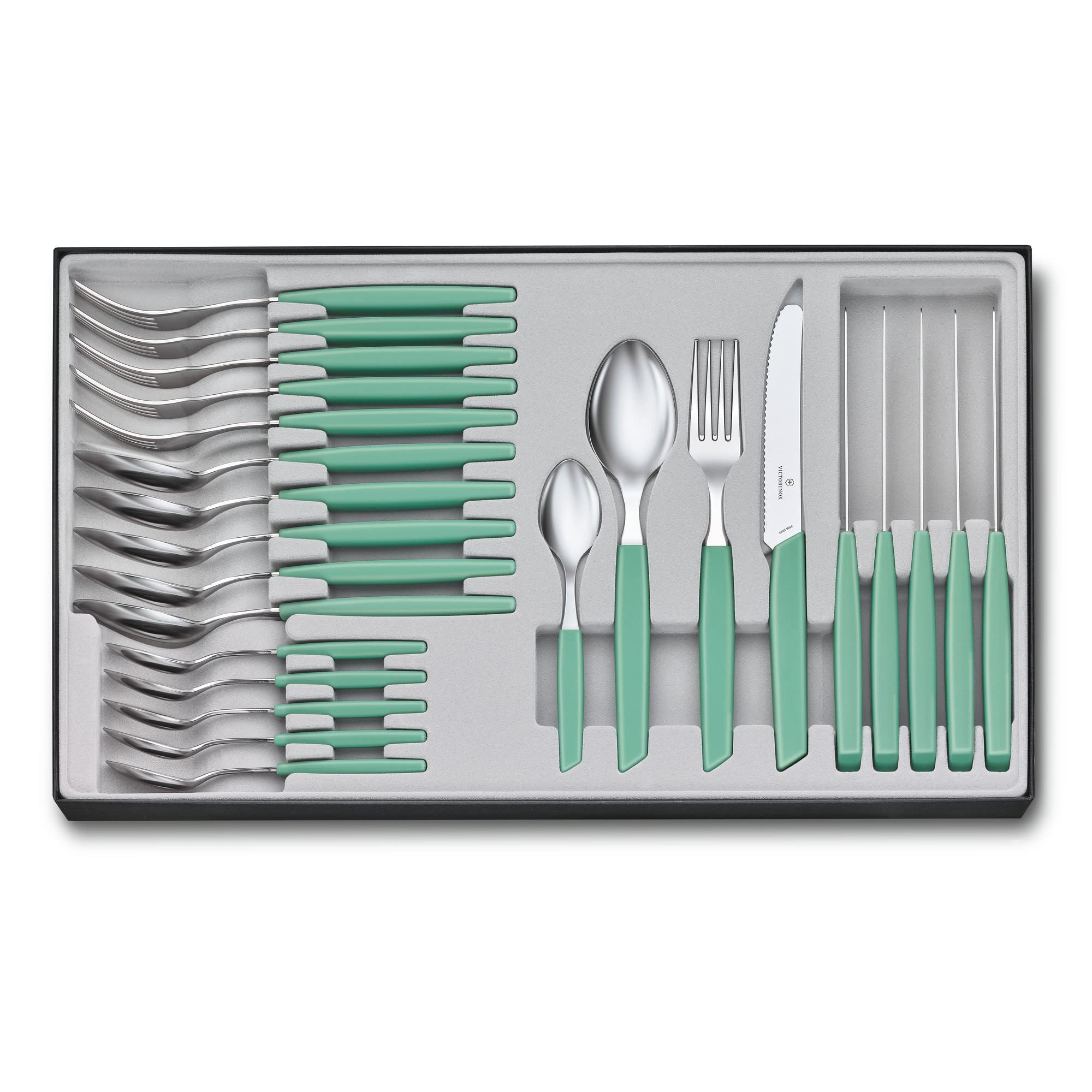 VICTORINOX Cutlery Dishwasher Set of Steak and Mint an Ergonomic and Elegant Table Set for Swiss Modern Set, Safe, 24-Piece Forks, Knives, Spoons,
VICTORINOX Cutlery Dishwasher Set of Steak and Mint an Ergonomic and Elegant Table Set for Swiss Modern Set, Safe, 24-Piece Forks, Knives, Spoons,