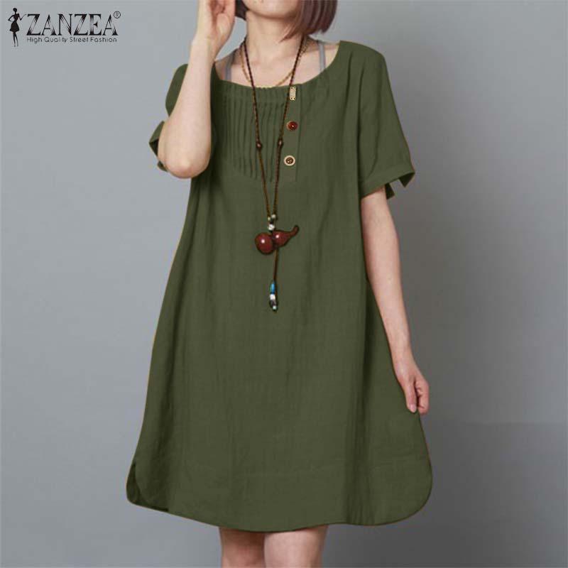 ZANZEA Женское повседневное летнее платье с коротким рукавом и круглым вырезом 
ZANZEA Женское повседневное летнее платье с коротким рукавом и круглым вырезом