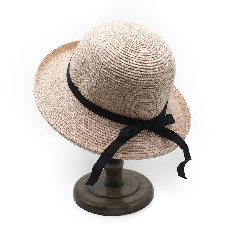 Летняя соломенная шляпа с козырьком, черный шелковый пояс, бант, завернутые поля, японская шляпа для взрослых, женская солнцезащитная складная шляпа от солнца M(56-58cm) светло-розовый