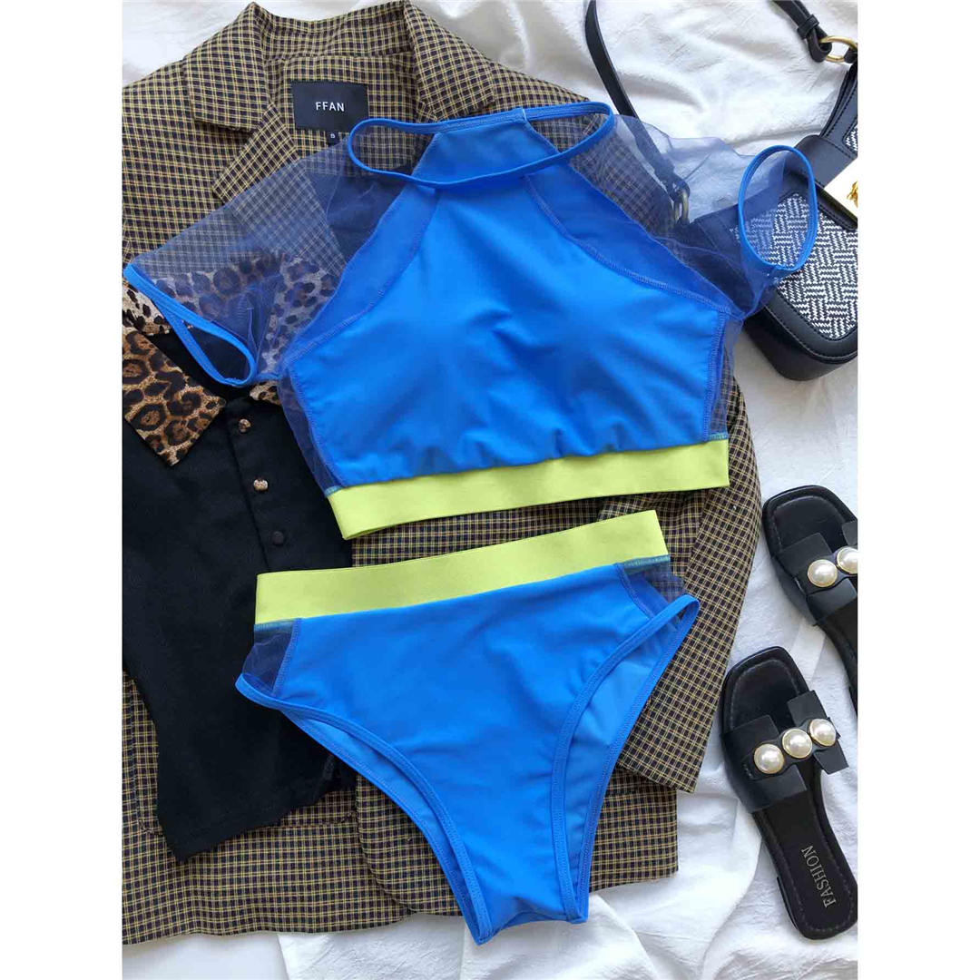 Сетчатый женский купальник с коротким рукавом, бикини с высокой талией, женский купальник из двух частей, комплект бикини, купальный костюм L синий