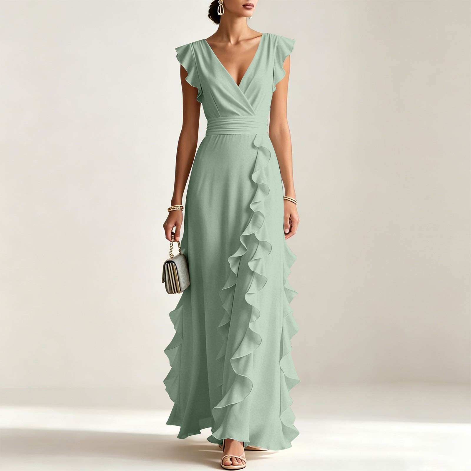 Women V Neck Short Sleeve Ruffle Hem Ruched Maxi Dress with Waist for Formal and Evening Occasions XL зелений
Women V Neck Short Sleeve Ruffle Hem Ruched Maxi Dress with Waist for Formal and Evening Occasions XL зелений