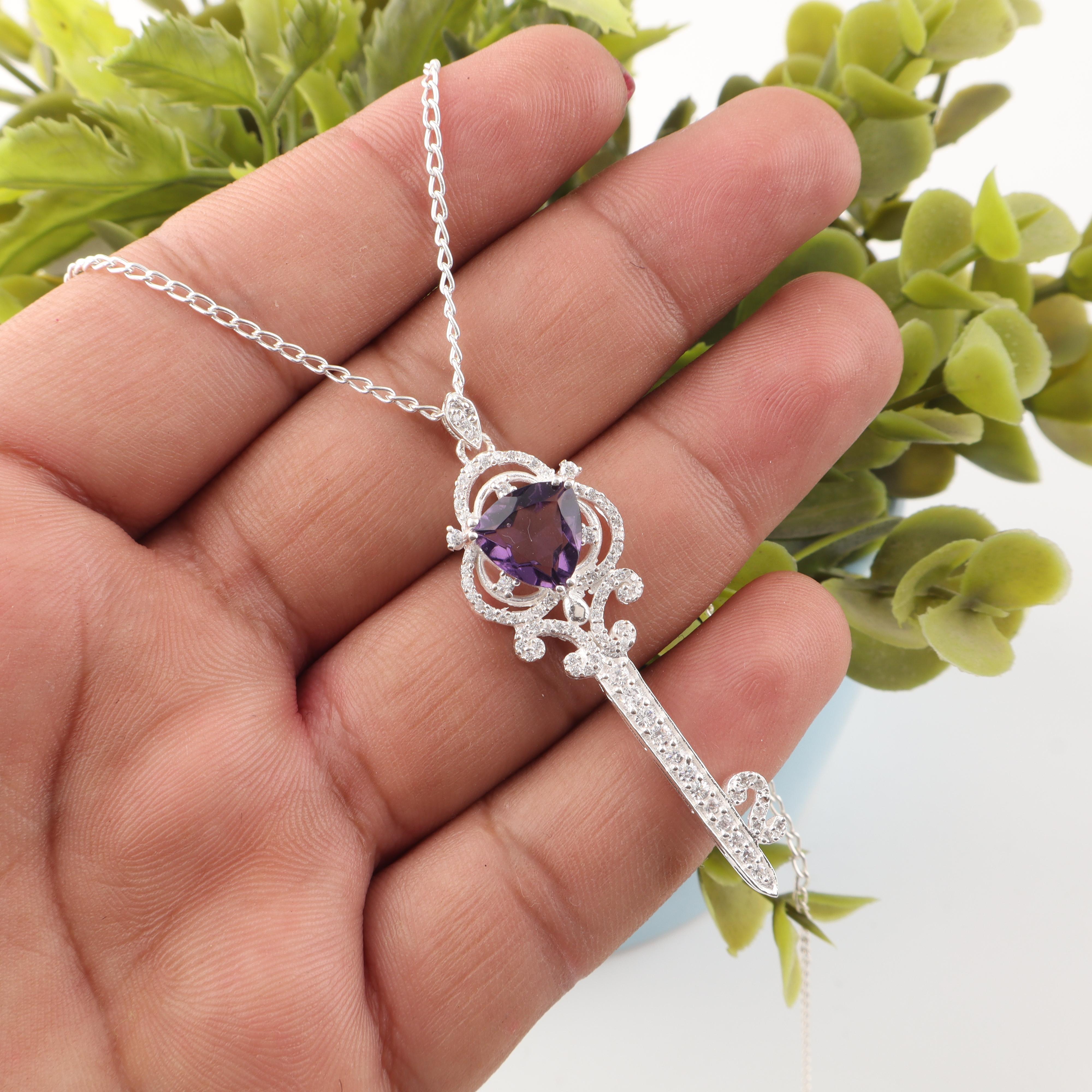 Amethyst Gemstone 925 Sterling Silver Key Pendant 2.1 Necklace for Women, Vintage Key Design with Cubic Zirconia, Birthday Gift For Her CZP-17-9
Amethyst Gemstone 925 Sterling Silver Key Pendant 2.1 Necklace for Women, Vintage Key Design with Cubic Zirconia, Birthday Gift For Her CZP-17-9