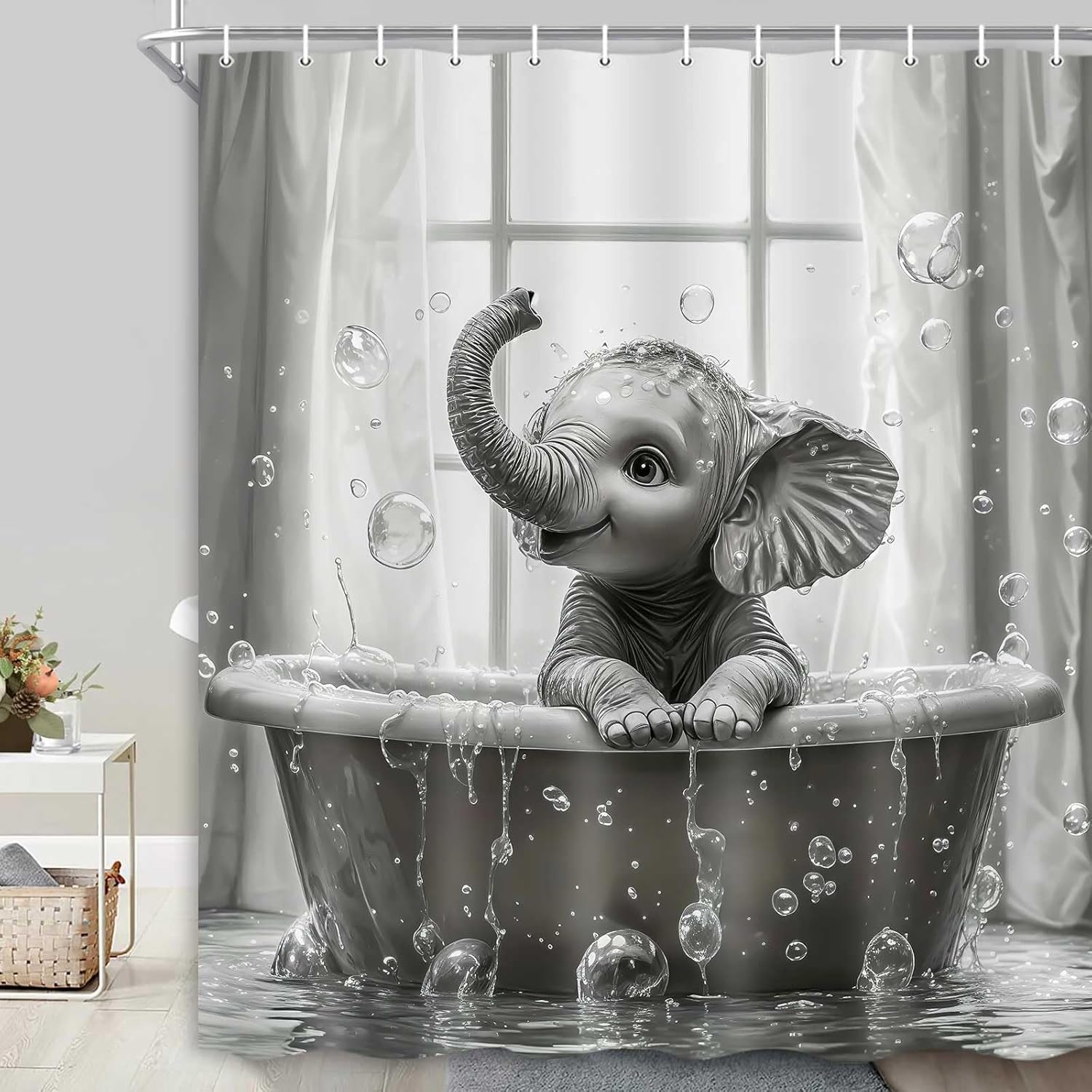 Funny Elephant In Bathtub Shower Curtain, Vintage Bubbles & Raindrop Wild Animal Waterproof Fabric Curtain W60H190(CM)-1 Pcs
Funny Elephant In Bathtub Shower Curtain, Vintage Bubbles & Raindrop Wild Animal Waterproof Fabric Curtain W60H190(CM)-1 Pcs