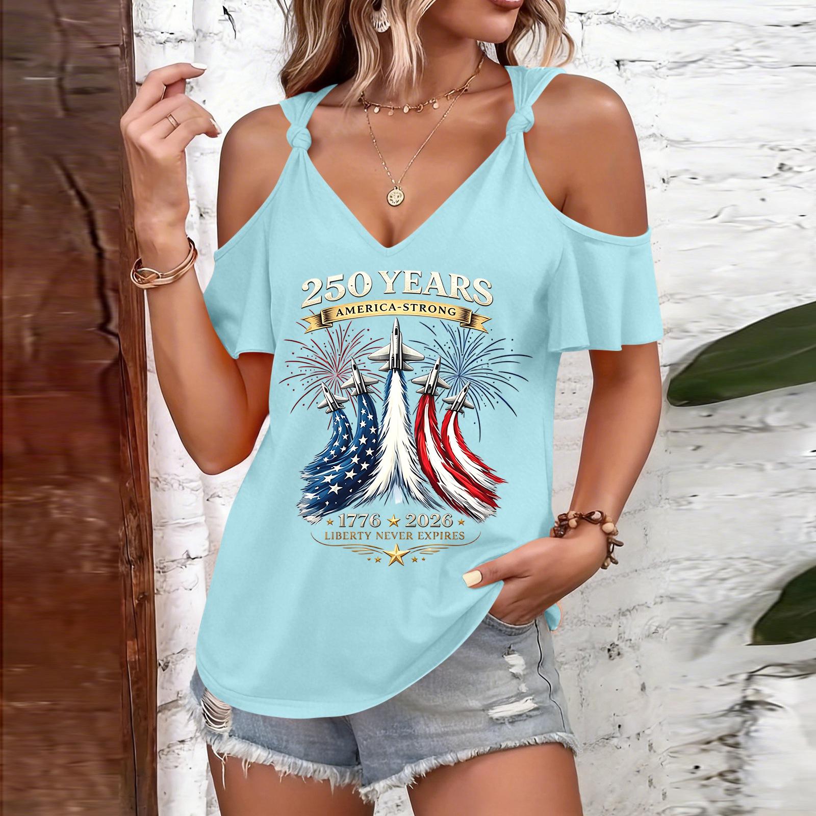 Womens Cold Shoulder Short Sleeve Top 250 Years Independence Print Casual Loose Fit Round Neck Strap Tee Shirt for Summer M
Womens Cold Shoulder Short Sleeve Top 250 Years Independence Print Casual Loose Fit Round Neck Strap Tee Shirt for Summer M