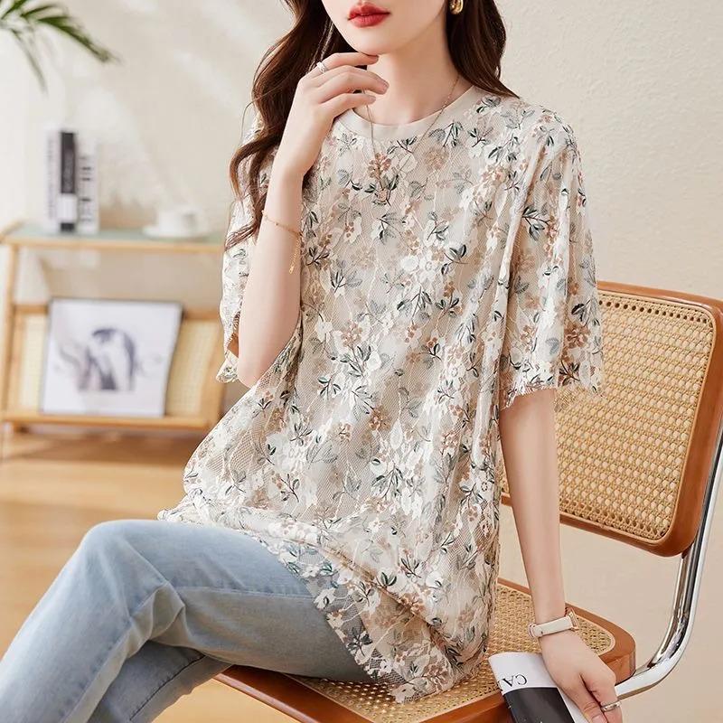 Floral mesh splicing short-sleeved T-shirt for women summer new plus size women s mid-length loose top M білий
Floral mesh splicing short-sleeved T-shirt for women summer new plus size women s mid-length loose top M білий