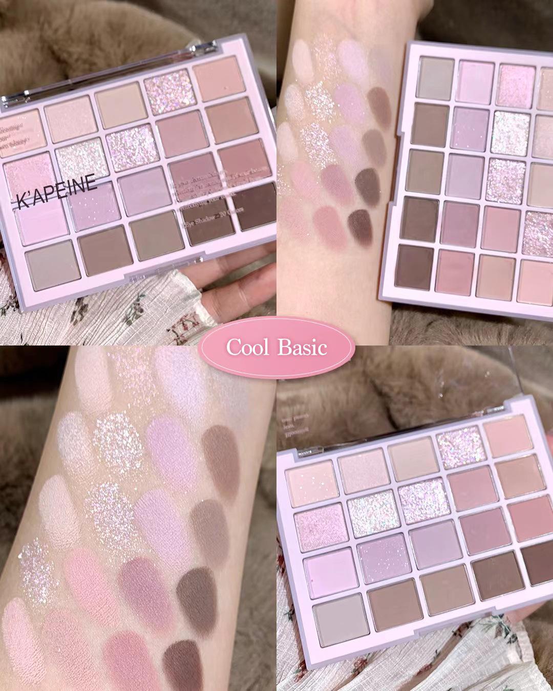 Палетка теней для век Kappel Spring 20: Холодные и теплые тона, матовые и с шиммером, нюдовые, цвета молочного чая, коралловые и земляные оттенки.