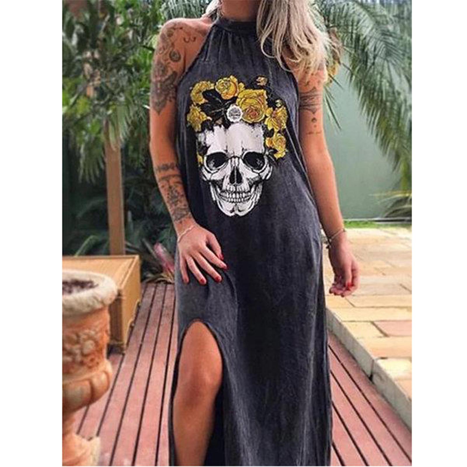 Женское сексуальное платье с бретельками на шее и длинной юбкой с принтом и боковыми разрезами