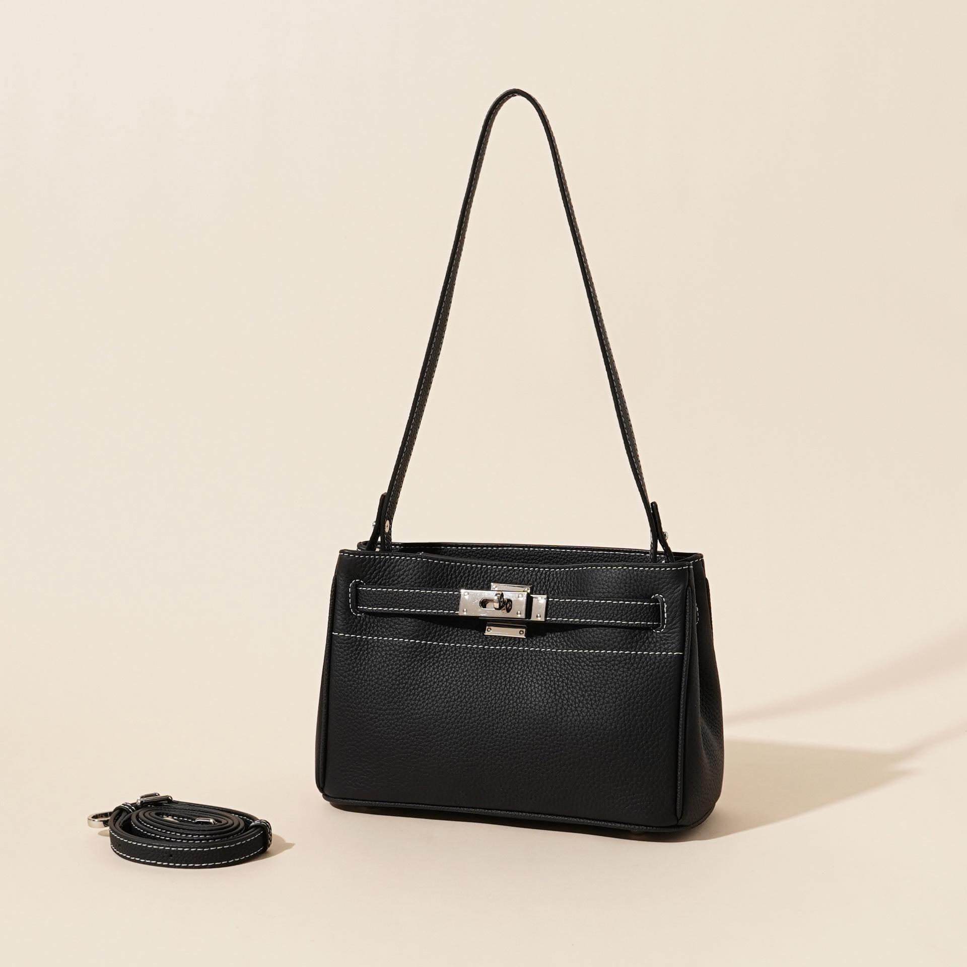 Слой верха коровьей кожи Высококлассная модная сумка из овчины Ретро украшение-замок Сумка подмышку из натуральной кожи Сумка на одно плечо Ручная сумка-тоут 25x11x17cm чёрный