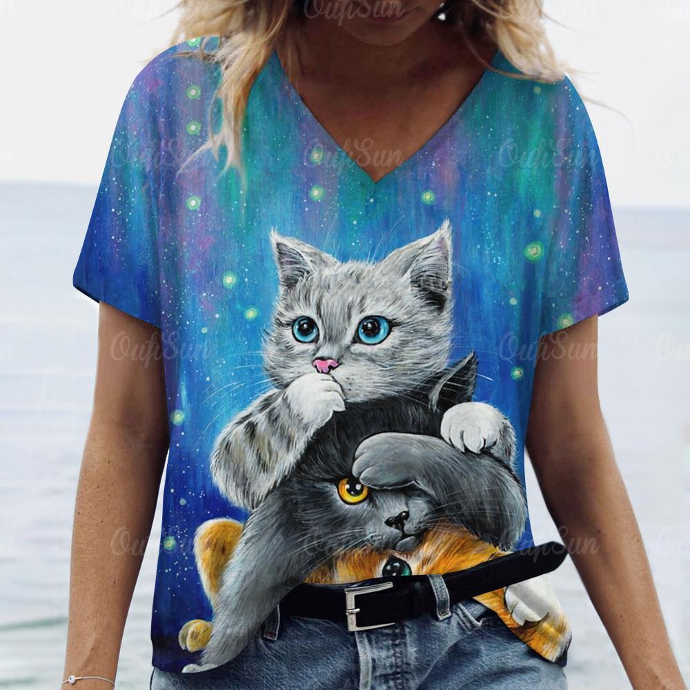 Женская футболка с изображением животных и 3d принтом кота, v-образный вырез, топы с короткими рукавами, футболки, новый большой женский пуловер, летняя модная женская одежда 
Женская футболка с изображением животных и 3d принтом кота, v-образный вырез, топы с короткими рукавами, футболки, новый большой женский пуловер, летняя модная женская одежда
