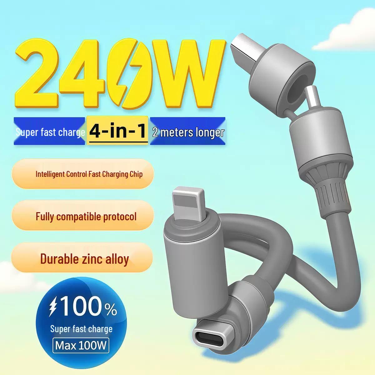 Silicone 4-in-1 Fast Charging Cable for Apple & Huawei Phones/Tablets 1 meter
Silicone 4-in-1 Fast Charging Cable for Apple & Huawei Phones/Tablets 1 meter