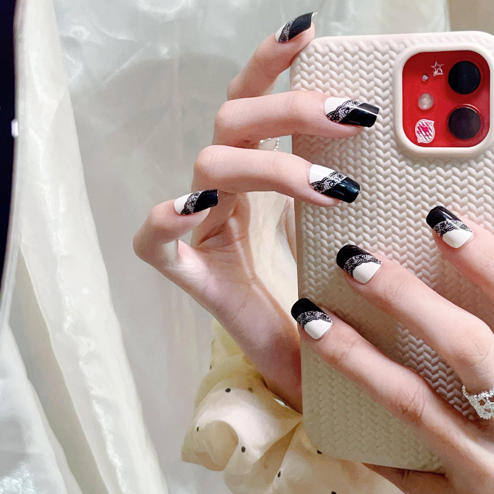 French Minimalist Black & White Lace Press-On Nails - Square, Fair-Skinned, Removable Art Patches
French Minimalist Black & White Lace Press-On Nails - Square, Fair-Skinned, Removable Art Patches