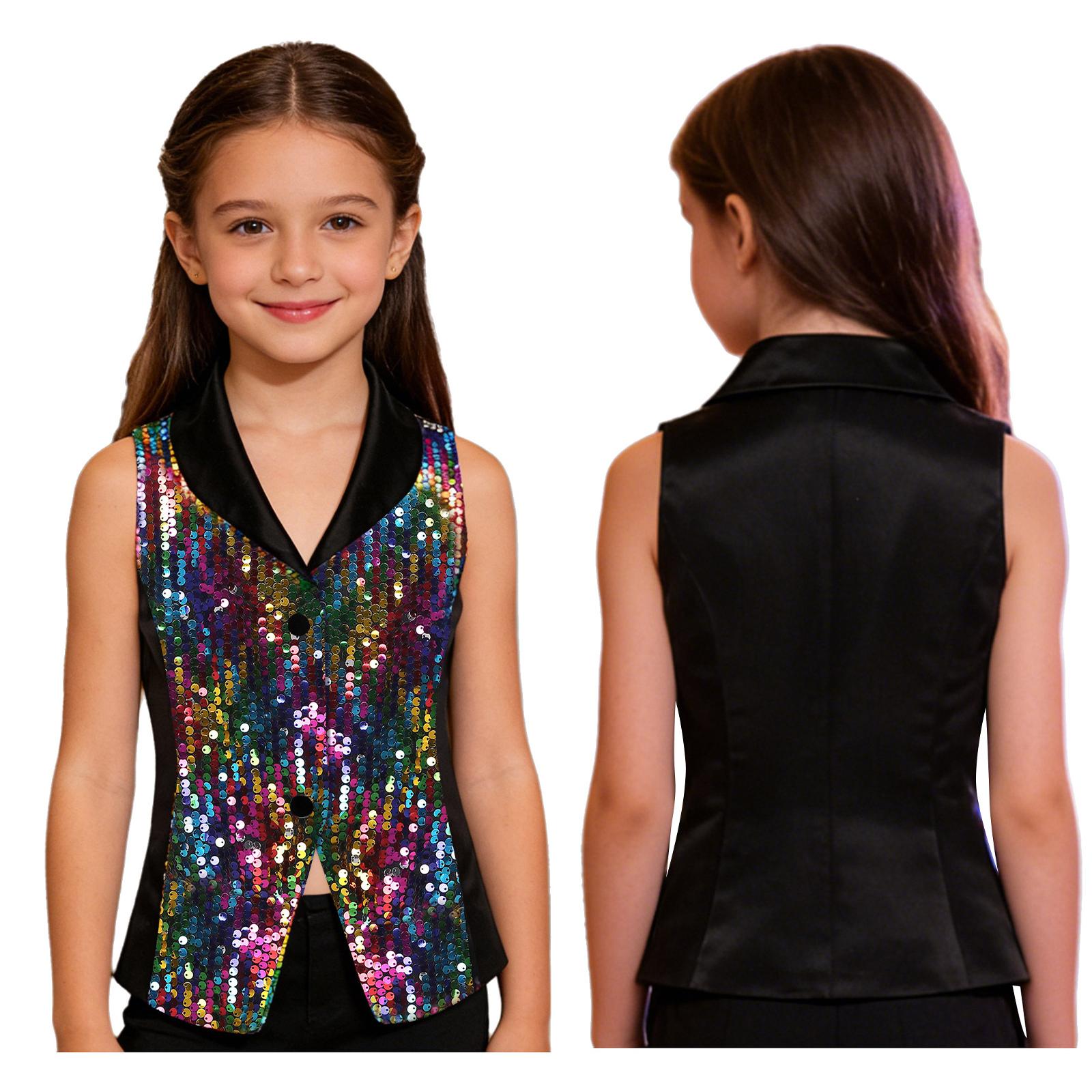 Girls Shiny Sequin Vest for Stage: Glittery Satin Waistcoat with V Neck Lapel & Contrast Trim, Perfect Performance Top 5-6 Years різнокольоровий
Girls Shiny Sequin Vest for Stage: Glittery Satin Waistcoat with V Neck Lapel & Contrast Trim, Perfect Performance Top 5-6 Years різнокольоровий