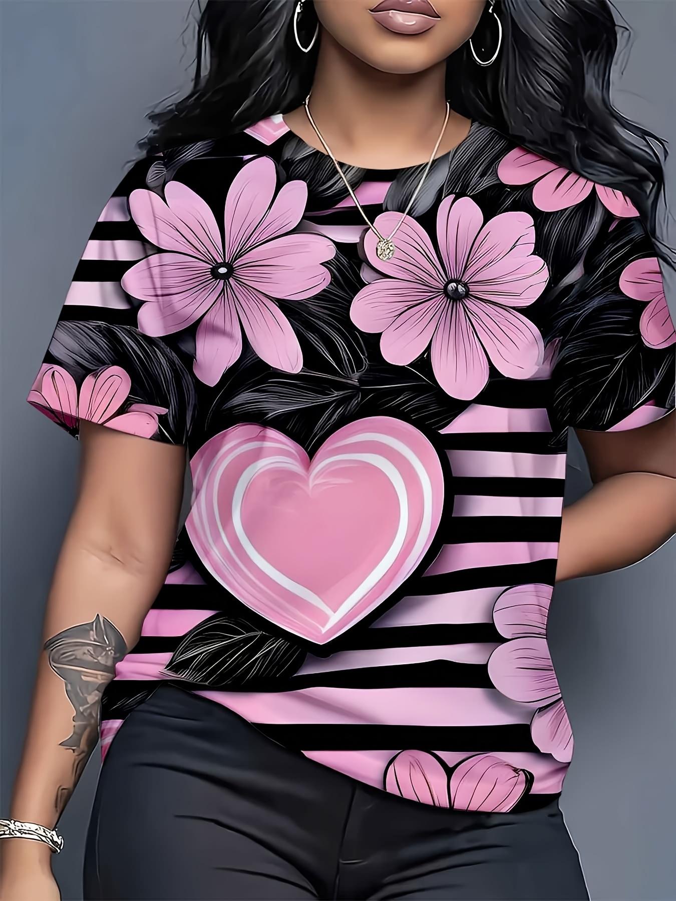 Valentine s Day Women s T-Shirt - Pink ; Black Striped Floral Heart Print Round Neck Blouse Suitable for Casual Summer Outfits. Machine Washable Full S дубильна кора
Valentine s Day Women s T-Shirt - Pink ; Black Striped Floral Heart Print Round Neck Blouse Suitable for Casual Summer Outfits. Machine Washable Full S дубильна кора