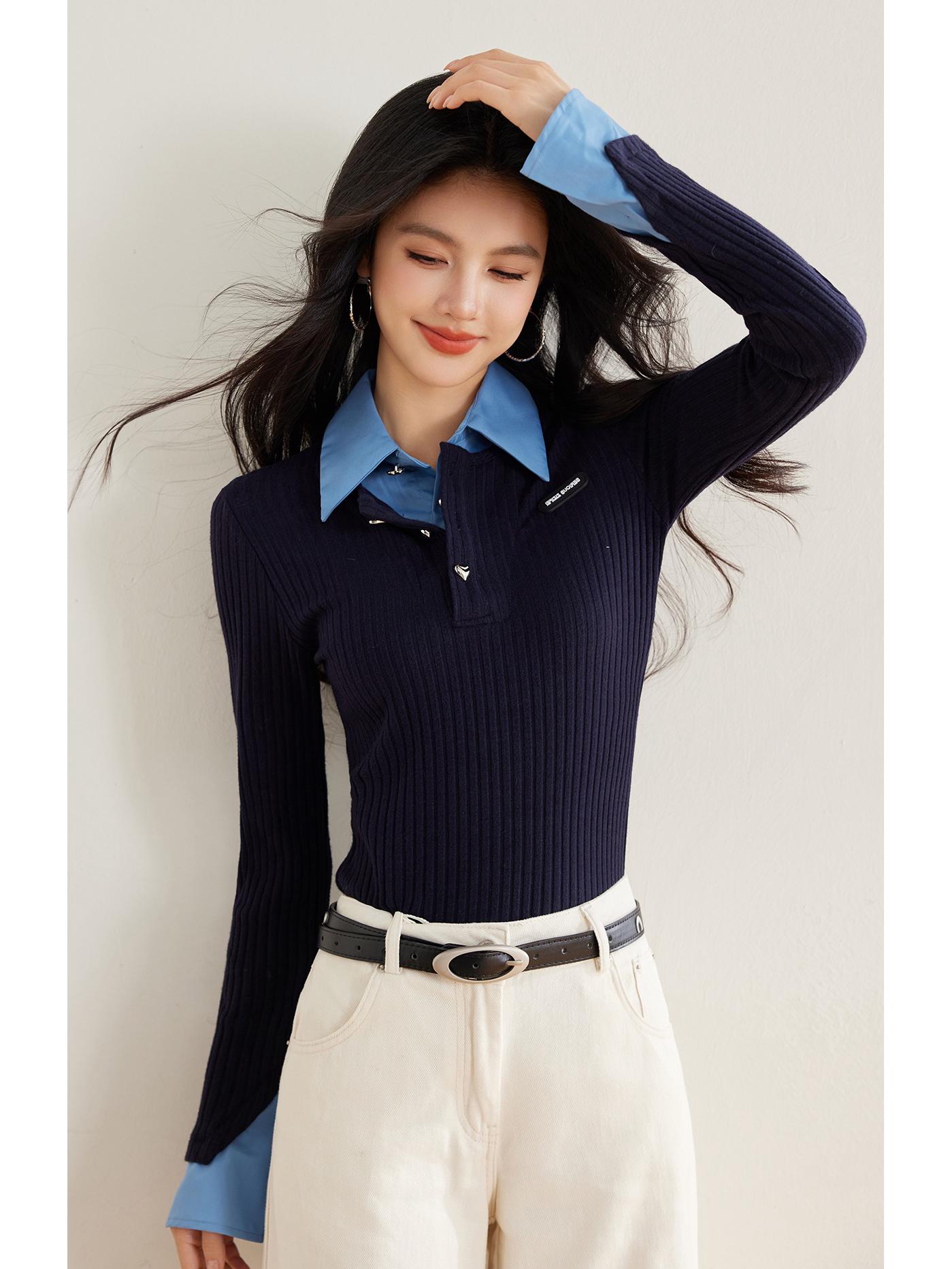 Американский дизайн, трикотаж с рукавами-клеш и воротником поло для женщин - облегающий, имитация двойки Medium темно-синий
Американский дизайн, трикотаж с рукавами-клеш и воротником поло для женщин - облегающий, имитация двойки Medium темно-синий