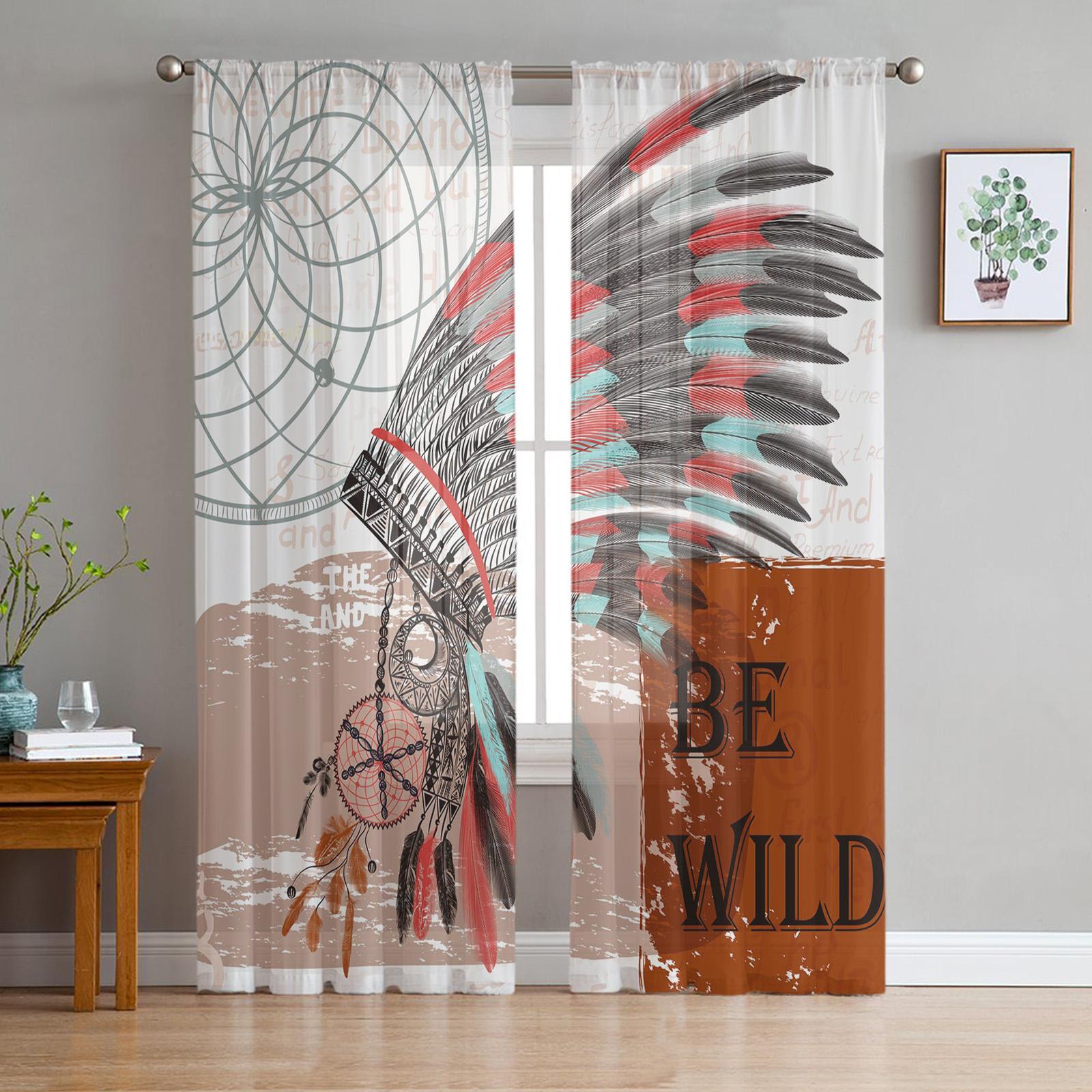 Перо племенная культура линии ретро тюль прозрачные оконные шторы для гостиной кухни детской спальни вуаль подвесные занавески W135 x H114cm