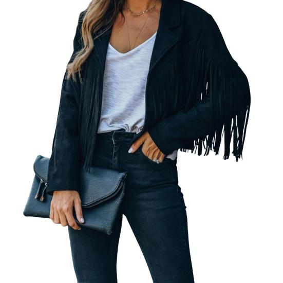 Женская повседневная куртка с кисточками, длинными рукавами, лацканами, укороченное пальто из искусственной замши, байкерская верхняя одежда на весну и осень S чёрный
Женская повседневная куртка с кисточками, длинными рукавами, лацканами, укороченное пальто из искусственной замши, байкерская верхняя одежда на весну и осень S чёрный