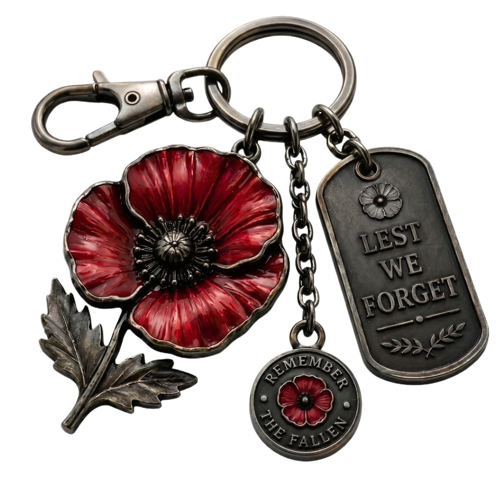 Vintage Metal Memorial Keychain with Poppy Flower Pendant and Engraved Tags Lest We Forget Remember the Fallen Chain Clip Accessory One Size червоний
Vintage Metal Memorial Keychain with Poppy Flower Pendant and Engraved Tags Lest We Forget Remember the Fallen Chain Clip Accessory One Size червоний
