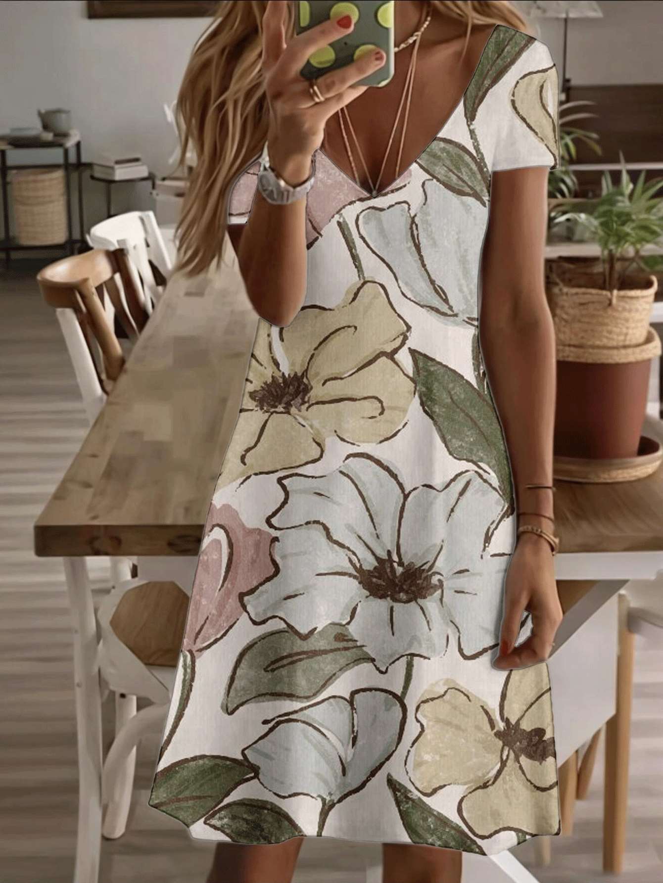 Vneck shortsleeve midi dress women floral garden print pattern 3D premium printing durable fabric casual fashion elegant summer outfit stylish comfort XS дубильная кора
Vneck shortsleeve midi dress women floral garden print pattern 3D premium printing durable fabric casual fashion elegant summer outfit stylish comfort XS дубильная кора