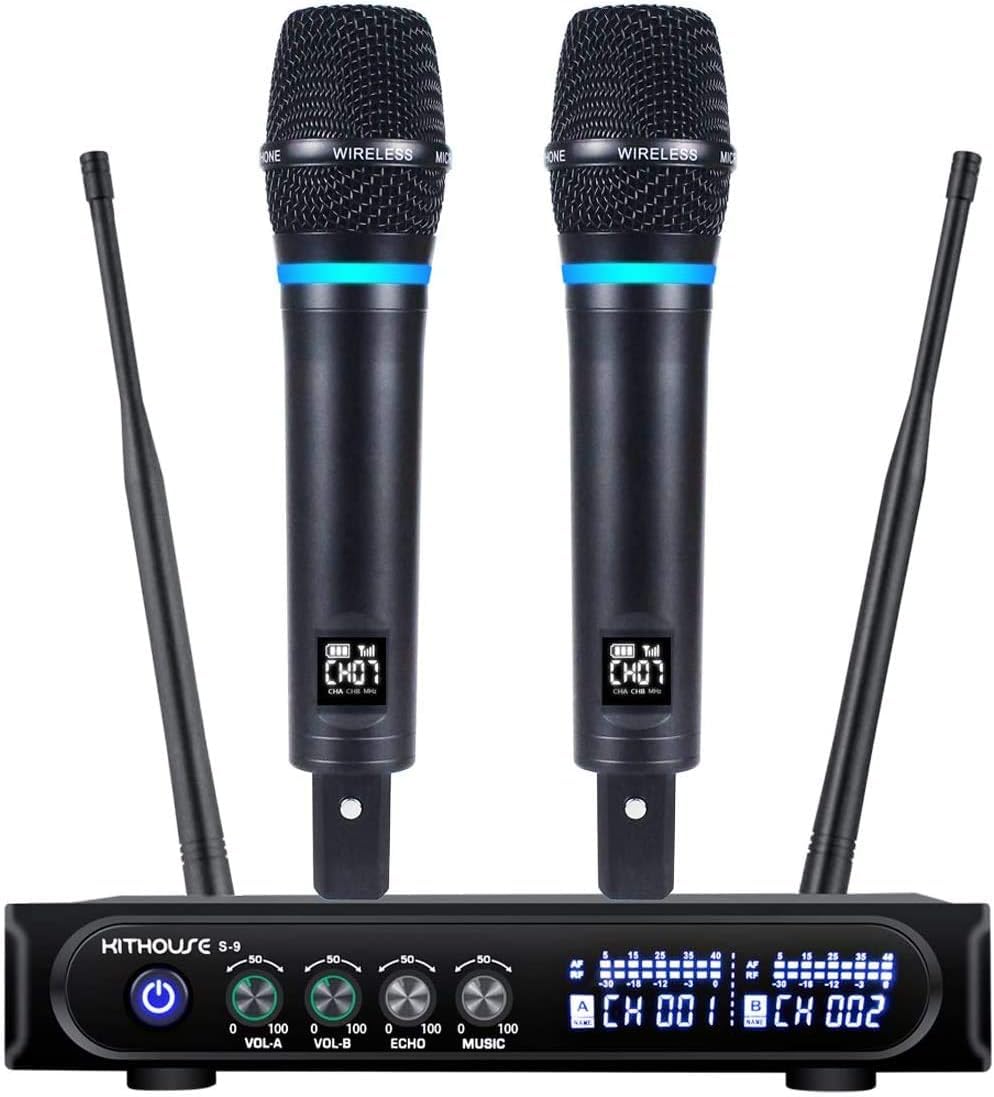 Kithouse Wireless Microphone System Metal Material Karaoke Wireless Microphone UHF Rechargeable Cordless Dual Microphone Set Bluetooth Receiver Box +
Kithouse Wireless Microphone System Metal Material Karaoke Wireless Microphone UHF Rechargeable Cordless Dual Microphone Set Bluetooth Receiver Box +