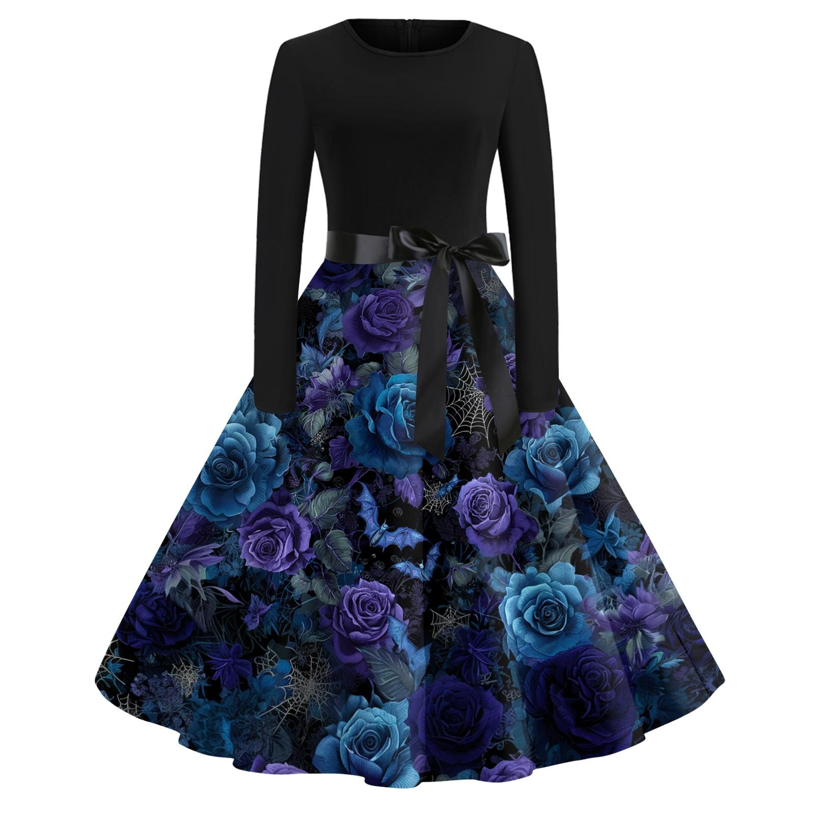 Women s Vintage Long Sleeve Round Neck Halloween Print Party Dress Retro Style Full Skirt with Waist Tie Elegant Evening Dress L синий
Women s Vintage Long Sleeve Round Neck Halloween Print Party Dress Retro Style Full Skirt with Waist Tie Elegant Evening Dress L синий