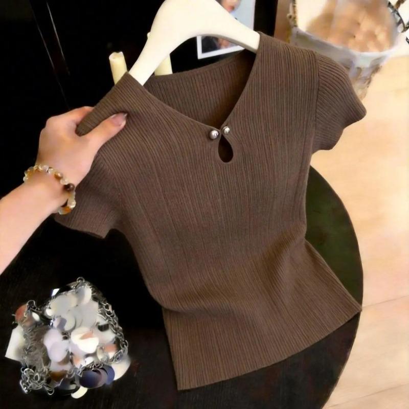 Womens V Neck Pearl Button Knit Short Sleeve T Shirt S коричневый
Womens V Neck Pearl Button Knit Short Sleeve T Shirt S коричневый